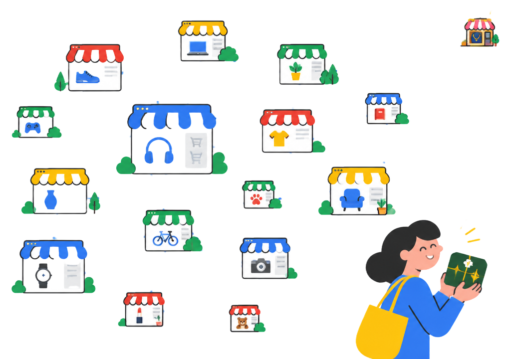 Cartoon map of many small webshops with one hidden boutique highlighted